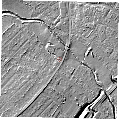 Shaded relief map of the ground around UB40XS, computed from Environment Agency LiDAR. The ground here sits at about 30 m above sea level and falls 7 m across the surrounding 800 m. Surface water reaching this point runs off ground lying to the south-south-west, 2.5 m higher.