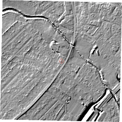 Shaded relief map of the ground around UB40XT, computed from Environment Agency LiDAR. The ground here sits at about 30 m above sea level and falls 7 m across the surrounding 800 m. Surface water reaching this point runs off ground lying to the south-south-west, 2.7 m higher.