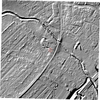 Shaded relief map of the ground around UB40XU, computed from Environment Agency LiDAR. The ground here sits at about 30 m above sea level and falls 7 m across the surrounding 800 m. Surface water reaching this point runs off ground lying to the south-south-west, 2.5 m higher.