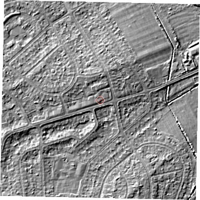 Shaded relief map of the ground around UB48BZ, computed from Environment Agency LiDAR. The ground here sits at about 33 m above sea level and falls 5 m across the surrounding 800 m. Surface water reaching this point runs off ground lying to the west, 1.4 m higher.