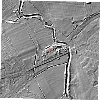 Shaded relief map of the ground around UB48DD, computed from Environment Agency LiDAR. The ground here sits at about 31 m above sea level and falls 7 m across the surrounding 800 m. Surface water reaching this point runs off ground lying to the south-west, 1.0 m higher.