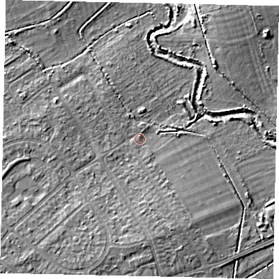 Shaded relief map of the ground around UB48NJ, computed from Environment Agency LiDAR. The ground here sits at about 31 m above sea level and falls 7 m across the surrounding 800 m. Surface water reaching this point runs off ground lying to the south-west, 2.8 m higher.