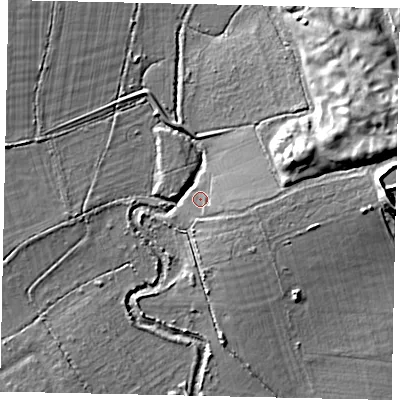 Shaded relief map of the ground around UB48PA, computed from Environment Agency LiDAR. The ground here sits at about 32 m above sea level and falls 21 m across the surrounding 800 m. Surface water reaching this point runs off ground lying to the east-south-east, 3.3 m higher.