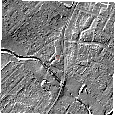 Shaded relief map of the ground around UB49AA, computed from Environment Agency LiDAR. The ground here sits at about 30 m above sea level and falls 6 m across the surrounding 800 m. The ground contributing surface water to this point lies to the south-south-east.