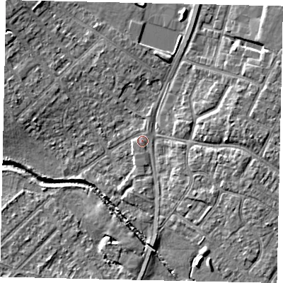 Shaded relief map of the ground around UB49AD, computed from Environment Agency LiDAR. The ground here sits at about 30 m above sea level and falls 6 m across the surrounding 800 m. Surface water reaching this point runs off ground lying to the south, 0.7 m higher.