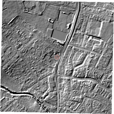 Shaded relief map of the ground around UB49AE, computed from Environment Agency LiDAR. The ground here sits at about 30 m above sea level and falls 6 m across the surrounding 800 m. Surface water reaching this point runs off ground lying to the north-north-west, 1.9 m higher.