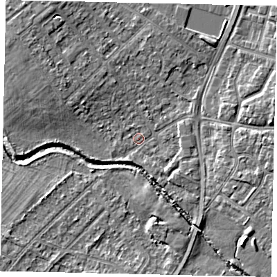 Shaded relief map of the ground around UB49AG, computed from Environment Agency LiDAR. The ground here sits at about 30 m above sea level and falls 6 m across the surrounding 800 m. Surface water reaching this point runs off ground lying to the north-west, 4.2 m higher.
