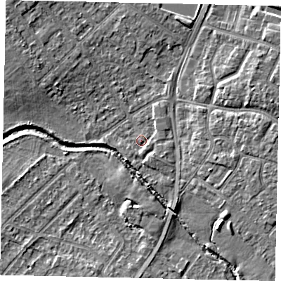 Shaded relief map of the ground around UB49AH, computed from Environment Agency LiDAR. The ground here sits at about 30 m above sea level and falls 6 m across the surrounding 800 m. Surface water reaching this point runs off ground lying to the south-south-east, 1.2 m higher.