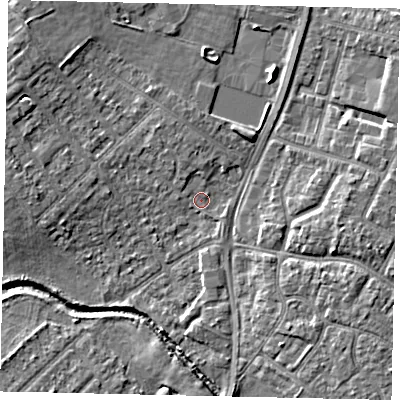 Shaded relief map of the ground around UB49AJ, computed from Environment Agency LiDAR. The ground here sits at about 30 m above sea level and falls 6 m across the surrounding 800 m. Surface water reaching this point runs off ground lying to the north-north-west, 2.0 m higher.