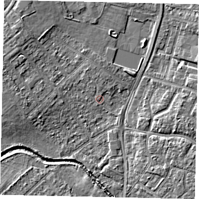 Shaded relief map of the ground around UB49AL, computed from Environment Agency LiDAR. The ground here sits at about 30 m above sea level and falls 6 m across the surrounding 800 m. Surface water reaching this point runs off ground lying to the north-north-west, 1.7 m higher.