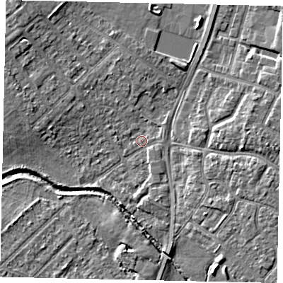 Shaded relief map of the ground around UB49AQ, computed from Environment Agency LiDAR. The ground here sits at about 30 m above sea level and falls 6 m across the surrounding 800 m. Surface water reaching this point runs off ground lying to the north-north-west, 2.6 m higher.