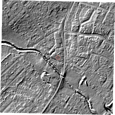 Shaded relief map of the ground around UB49AT, computed from Environment Agency LiDAR. The ground here sits at about 30 m above sea level and falls 6 m across the surrounding 800 m. Surface water reaching this point runs off ground lying to the north-west, 1.1 m higher.