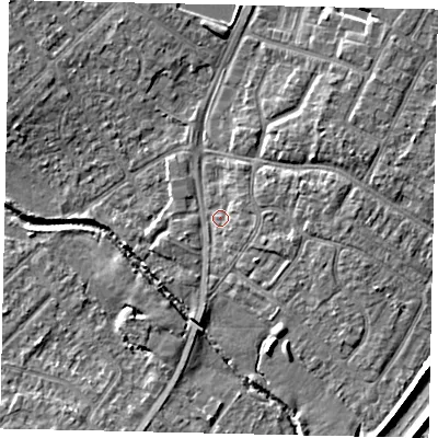 Shaded relief map of the ground around UB49AU, computed from Environment Agency LiDAR. The ground here sits at about 30 m above sea level and falls 7 m across the surrounding 800 m. Surface water reaching this point runs off ground lying to the east-south-east, 2.3 m higher.