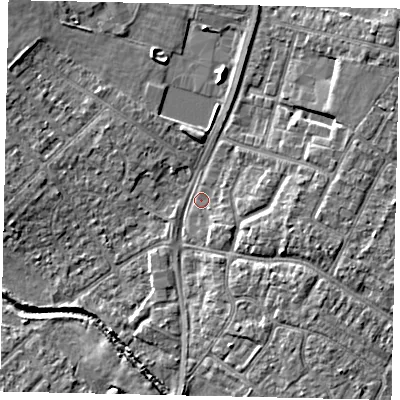 Shaded relief map of the ground around UB49AX, computed from Environment Agency LiDAR. The ground here sits at about 30 m above sea level and falls 6 m across the surrounding 800 m. Surface water reaching this point runs off ground lying to the north-east, 3.6 m higher.