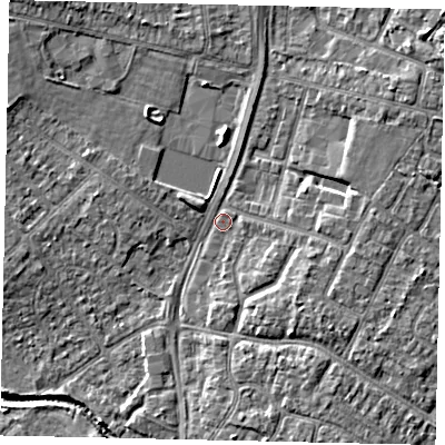 Shaded relief map of the ground around UB49AY, computed from Environment Agency LiDAR. The ground here sits at about 30 m above sea level and falls 6 m across the surrounding 800 m. Surface water reaching this point runs off ground lying to the north-east, 3.3 m higher.