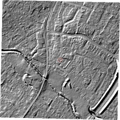 Shaded relief map of the ground around UB49DG, computed from Environment Agency LiDAR. The ground here sits at about 31 m above sea level and falls 10 m across the surrounding 800 m. Surface water reaching this point runs off ground lying to the east-north-east, 1.3 m higher.