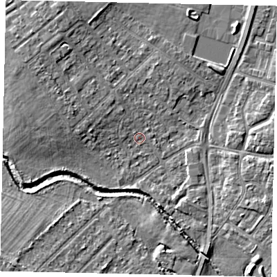 Shaded relief map of the ground around UB49EL, computed from Environment Agency LiDAR. The ground here sits at about 30 m above sea level and falls 6 m across the surrounding 800 m. Surface water reaching this point runs off ground lying to the north-west, 2.0 m higher.