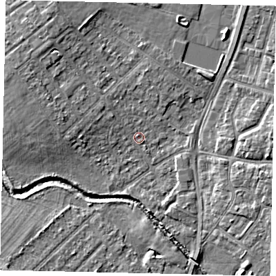 Shaded relief map of the ground around UB49EN, computed from Environment Agency LiDAR. The ground here sits at about 30 m above sea level and falls 6 m across the surrounding 800 m. Surface water reaching this point runs off ground lying to the west-north-west, 2.0 m higher.