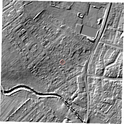 Shaded relief map of the ground around UB49EP, computed from Environment Agency LiDAR. The ground here sits at about 30 m above sea level and falls 6 m across the surrounding 800 m. Surface water reaching this point runs off ground lying to the north-west, 3.8 m higher.