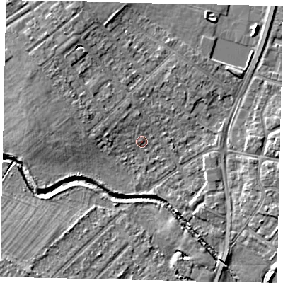 Shaded relief map of the ground around UB49ER, computed from Environment Agency LiDAR. The ground here sits at about 30 m above sea level and falls 6 m across the surrounding 800 m. Surface water reaching this point runs off ground lying to the north-west, 2.1 m higher.