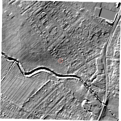 Shaded relief map of the ground around UB49HP, computed from Environment Agency LiDAR. The ground here sits at about 30 m above sea level and falls 6 m across the surrounding 800 m. Surface water reaching this point runs off ground lying to the north-north-west, 1.1 m higher.