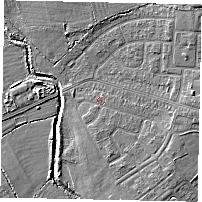 Shaded relief map of the ground around UB49JE, computed from Environment Agency LiDAR. The ground here sits at about 32 m above sea level and falls 9 m across the surrounding 800 m. Surface water reaching this point runs off ground lying to the east, 3.1 m higher.