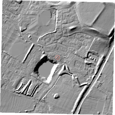 Shaded relief map of the ground around UB49TA, computed from Environment Agency LiDAR. The ground here sits at about 30 m above sea level and falls 16 m across the surrounding 800 m. Surface water reaching this point runs off ground lying to the west-north-west, 1.6 m higher.
