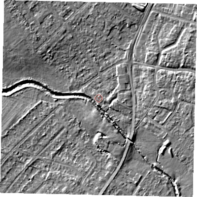 Shaded relief map of the ground around UB49UZ, computed from Environment Agency LiDAR. The ground here sits at about 30 m above sea level and falls 6 m across the surrounding 800 m. Surface water reaching this point runs off ground lying to the east-north-east, 5.2 m higher.