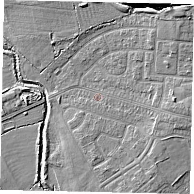Shaded relief map of the ground around UB56NZ, computed from Environment Agency LiDAR. The ground here sits at about 31 m above sea level and falls 11 m across the surrounding 800 m. Surface water reaching this point runs off ground lying to the east-south-east, 3.3 m higher.