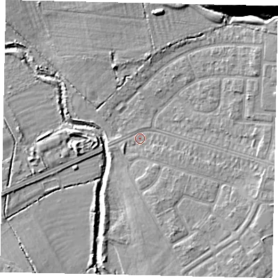 Shaded relief map of the ground around UB56PA, computed from Environment Agency LiDAR. The ground here sits at about 31 m above sea level and falls 14 m across the surrounding 800 m. Surface water reaching this point runs off ground lying to the east-south-east, 3.1 m higher.