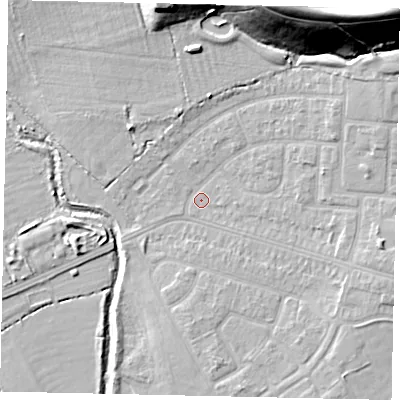 Shaded relief map of the ground around UB56PN, computed from Environment Agency LiDAR. The ground here sits at about 31 m above sea level and falls 28 m across the surrounding 800 m. Surface water reaching this point runs off ground lying to the north-north-east, 23.6 m higher.