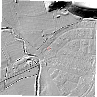 Shaded relief map of the ground around UB56PT, computed from Environment Agency LiDAR. The ground here sits at about 31 m above sea level and falls 26 m across the surrounding 800 m. Surface water reaching this point runs off ground lying to the north-north-east, 2.7 m higher.