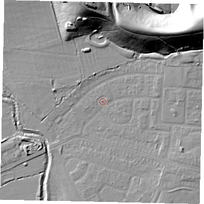 Shaded relief map of the ground around UB56PW, computed from Environment Agency LiDAR. The ground here sits at about 32 m above sea level and falls 34 m across the surrounding 800 m. Surface water reaching this point runs off ground lying to the east-north-east, 5.8 m higher.