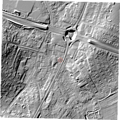 Shaded relief map of the ground around UB68AS, computed from Environment Agency LiDAR. The ground here sits at about 18 m above sea level and falls 14 m across the surrounding 800 m. Surface water reaching this point runs off ground lying to the north-east, 11.0 m higher.