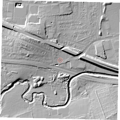 Shaded relief map of the ground around UB68DH, computed from Environment Agency LiDAR. The ground here sits at about 23 m above sea level and falls 16 m across the surrounding 800 m. Surface water reaching this point runs off ground lying to the north-north-west, 6.2 m higher.