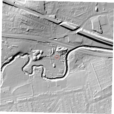 Shaded relief map of the ground around UB68DP, computed from Environment Agency LiDAR. The ground here sits at about 20 m above sea level and falls 16 m across the surrounding 800 m. Surface water reaching this point runs off ground lying to the north-north-east, 4.2 m higher.