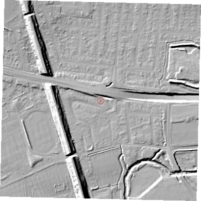 Shaded relief map of the ground around UB68EJ, computed from Environment Agency LiDAR. The ground here sits at about 18 m above sea level and falls 16 m across the surrounding 800 m. Surface water reaching this point runs off ground lying to the west-north-west, 8.4 m higher.