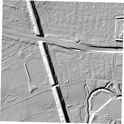 Shaded relief map of the ground around UB68EL, computed from Environment Agency LiDAR. The ground here sits at about 18 m above sea level and falls 15 m across the surrounding 800 m. Surface water reaching this point runs off ground lying to the west-south-west, 7.4 m higher.