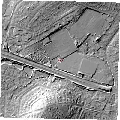 Shaded relief map of the ground around UB68GA, computed from Environment Agency LiDAR. The ground here sits at about 21 m above sea level and falls 19 m across the surrounding 800 m. Surface water reaching this point runs off ground lying to the north-north-west, 9.1 m higher.
