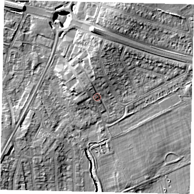 Shaded relief map of the ground around UB68HH, computed from Environment Agency LiDAR. The ground here sits at about 19 m above sea level and falls 11 m across the surrounding 800 m. Surface water reaching this point runs off ground lying to the north, 3.6 m higher.