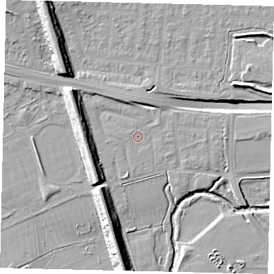 Shaded relief map of the ground around UB68HL, computed from Environment Agency LiDAR. The ground here sits at about 18 m above sea level and falls 15 m across the surrounding 800 m. Surface water reaching this point runs off ground lying to the west-south-west, 0.6 m higher.
