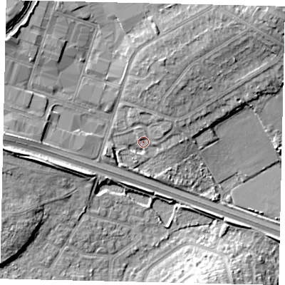 Shaded relief map of the ground around UB68NJ, computed from Environment Agency LiDAR. The ground here sits at about 24 m above sea level and falls 14 m across the surrounding 800 m. Surface water reaching this point runs off ground lying to the north-west, 7.9 m higher.