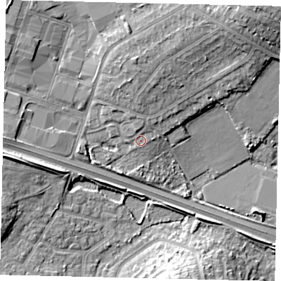 Shaded relief map of the ground around UB68NQ, computed from Environment Agency LiDAR. The ground here sits at about 25 m above sea level and falls 15 m across the surrounding 800 m. Surface water reaching this point runs off ground lying to the north, 1.9 m higher.