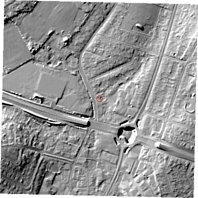 Shaded relief map of the ground around UB68PR, computed from Environment Agency LiDAR. The ground here sits at about 18 m above sea level and falls 16 m across the surrounding 800 m. Surface water reaching this point runs off ground lying to the north-west, 8.6 m higher.