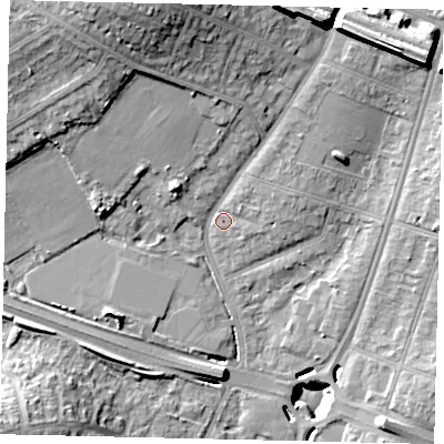 Shaded relief map of the ground around UB68PS, computed from Environment Agency LiDAR. The ground here sits at about 20 m above sea level and falls 20 m across the surrounding 800 m. Surface water reaching this point runs off ground lying to the north-north-east, 14.9 m higher.