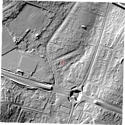 Shaded relief map of the ground around UB68PY, computed from Environment Agency LiDAR. The ground here sits at about 19 m above sea level and falls 18 m across the surrounding 800 m. Surface water reaching this point runs off ground lying to the east-north-east, 1.3 m higher.
