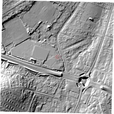 Shaded relief map of the ground around UB68QD, computed from Environment Agency LiDAR. The ground here sits at about 19 m above sea level and falls 19 m across the surrounding 800 m. Surface water reaching this point runs off ground lying to the west-south-west, 1.0 m higher.
