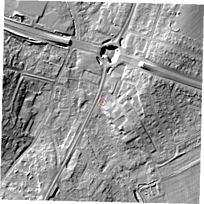 Shaded relief map of the ground around UB68QR, computed from Environment Agency LiDAR. The ground here sits at about 17 m above sea level and falls 12 m across the surrounding 800 m. Surface water reaching this point runs off ground lying to the east-north-east, 5.3 m higher.
