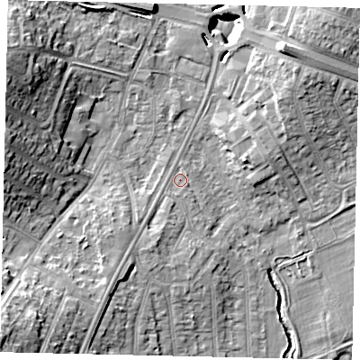 Shaded relief map of the ground around UB68QS, computed from Environment Agency LiDAR. The ground here sits at about 17 m above sea level and falls 18 m across the surrounding 800 m. Surface water reaching this point runs off ground lying to the south-south-west, 2.7 m higher.