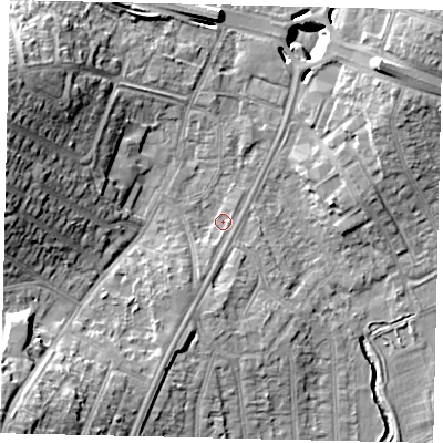 Shaded relief map of the ground around UB68RF, computed from Environment Agency LiDAR. The ground here sits at about 17 m above sea level and falls 19 m across the surrounding 800 m. Surface water reaching this point runs off ground lying to the south-south-west, 8.2 m higher.